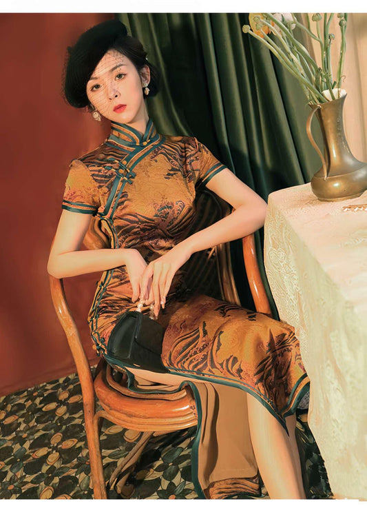 Vestido Qipao Brocado Dorado, Cheongsam Chino Vintage,Vestido Estilo Ópera China, Traje Antiguo de Shanghai,Vestido para Ceremonia del Té