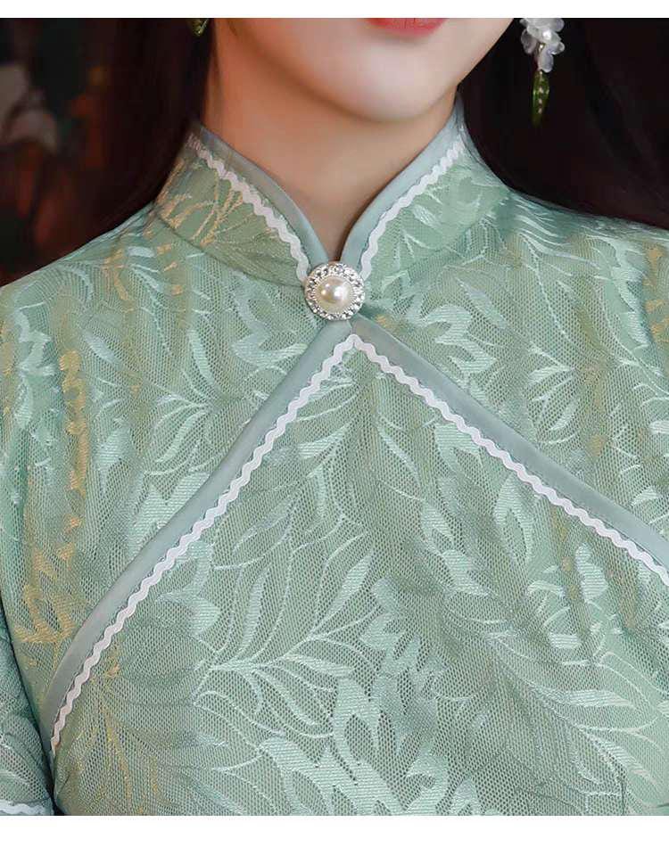 Green Lace Qipao Dress, Vintage Cheongsam, Elegant Chinese Evening Dress, Long Formal Dress, Oriental Wedding Guest Dress