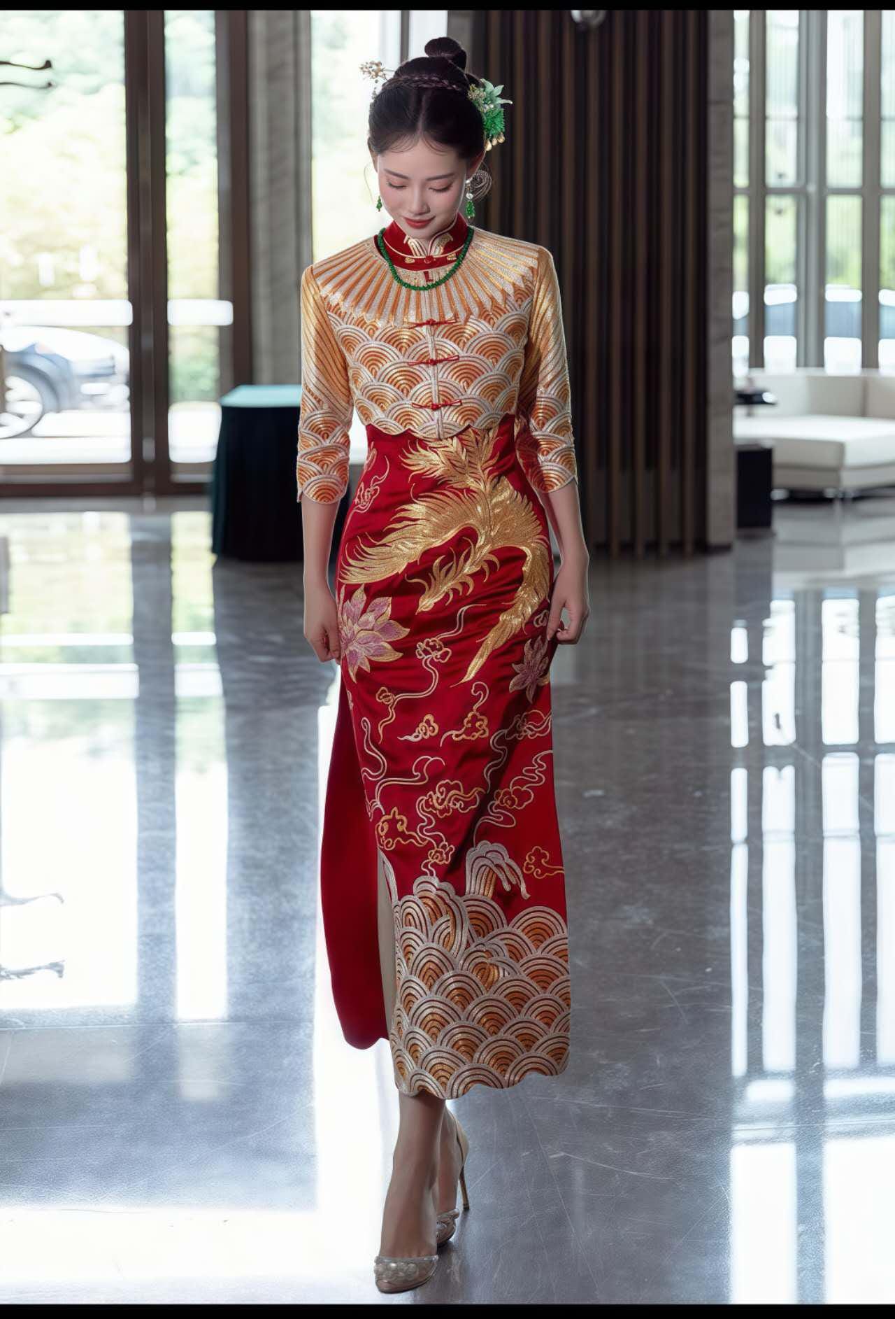 Boda China Qipao Set, Phoenix Dragon Cheongsam Dress, Satin Bridal Dress, Red Gold Chinese Gown,Vintage Two Piece Qipao,Hanfu Inspired Dress