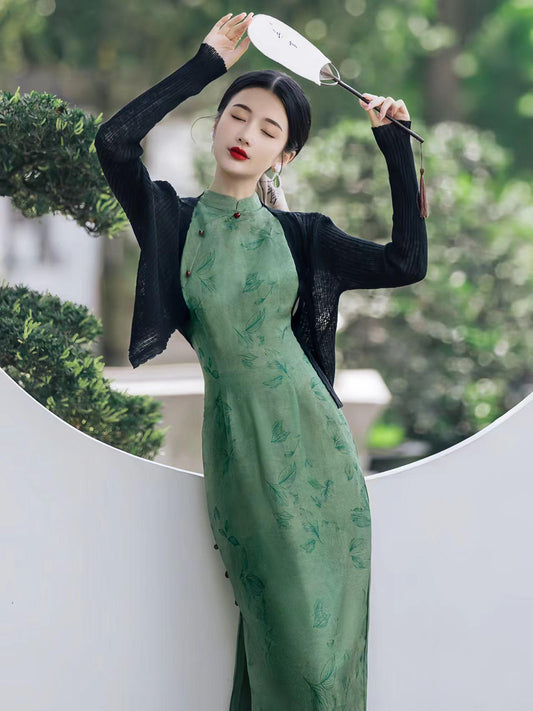 Elegante Conjunto de Vestido Qipao Verde, Conjunto Cheongsam Chino de Dos Piezas, Cheongsam Moderno para Oficina, Cultural Asian Tea Party