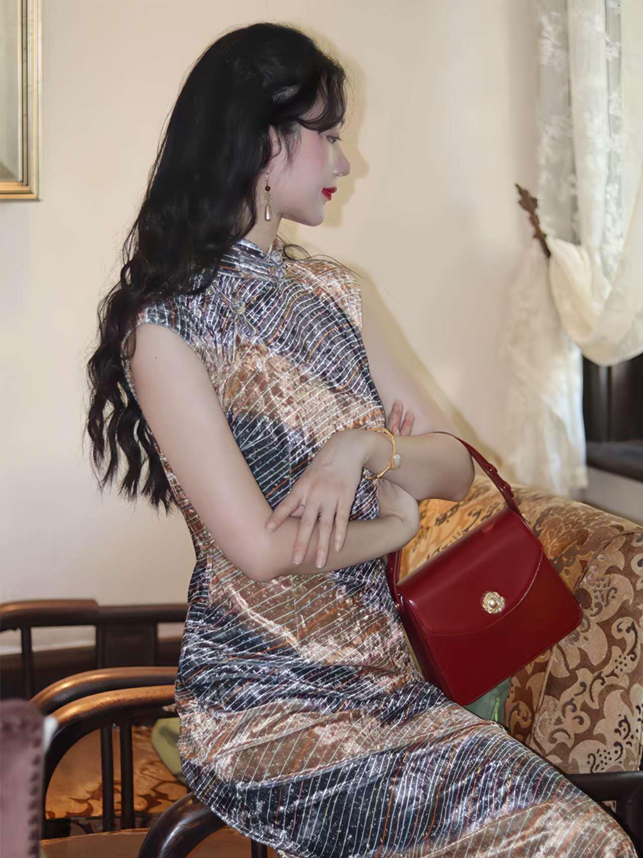 Vestido Qipao de terciopelo dorado - Elegante vestido de noche chino con hilo de plata - Luxury Golden Cheongsam -Regalo de lujo para ella