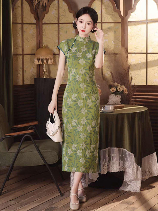 Vestido Qipao Brocado Floral, Cheongsam Chino Verde, Elegante Vestido, Vestido de Té  Retro, Qipao Primavera Verano, Qipao Invitada de Boda