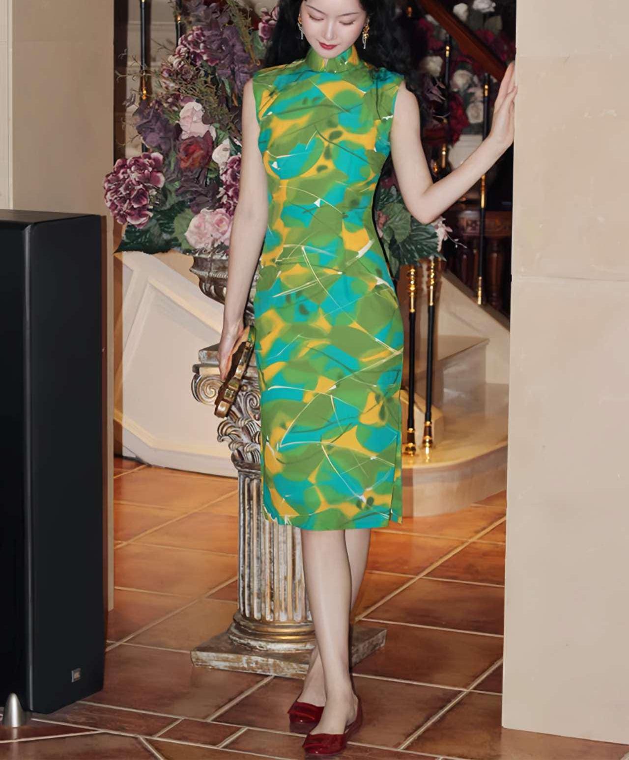 vestido qipao pintura al óleo, cheongsam chino verde moderno, qipao seda japonesa elegante,Vestido Vintage Elegante para Té,regalo para ella