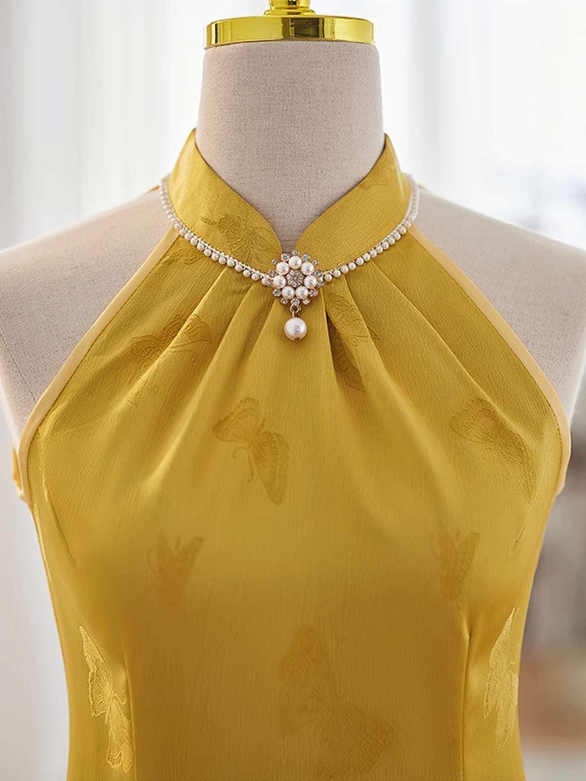 Cuello Halter Vestido Cheongsam, Sexy Amarillo Vestido Qipao, Vintage Vestido Chino,tallas grandes S a 5XL, Halter Vestido,regalo para ella