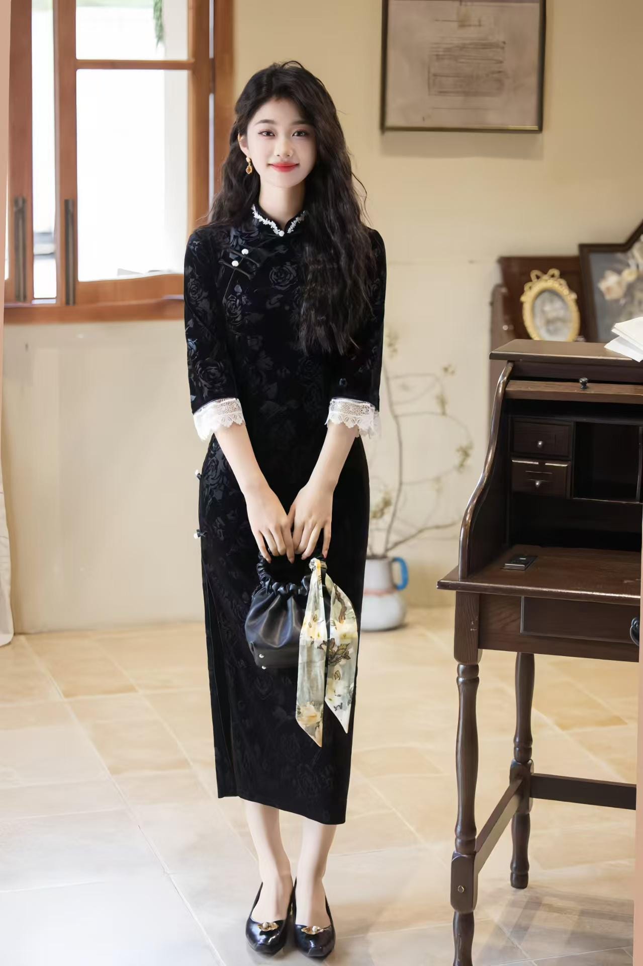 Pink Velvet Jacquard Qipao, Black Midi Cheongsam Dress, Elegant Chinese Dress with Lace Trim, Vintage Autumn Oriental Dress