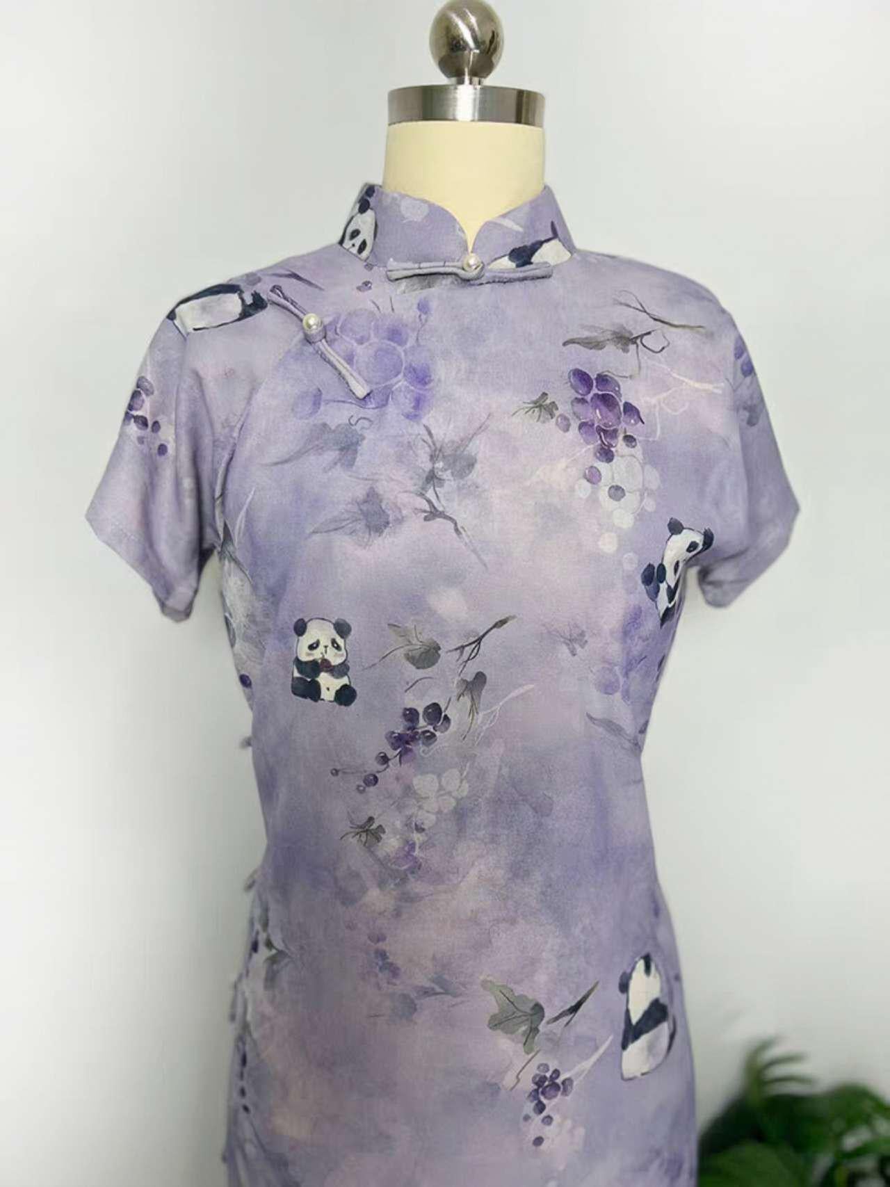 Purple Panda Qipao Dress, Vintage Chinese Cheongsam, Retro Asian Tea Party Dress, Animal Pattern  Dress, regalo para ella