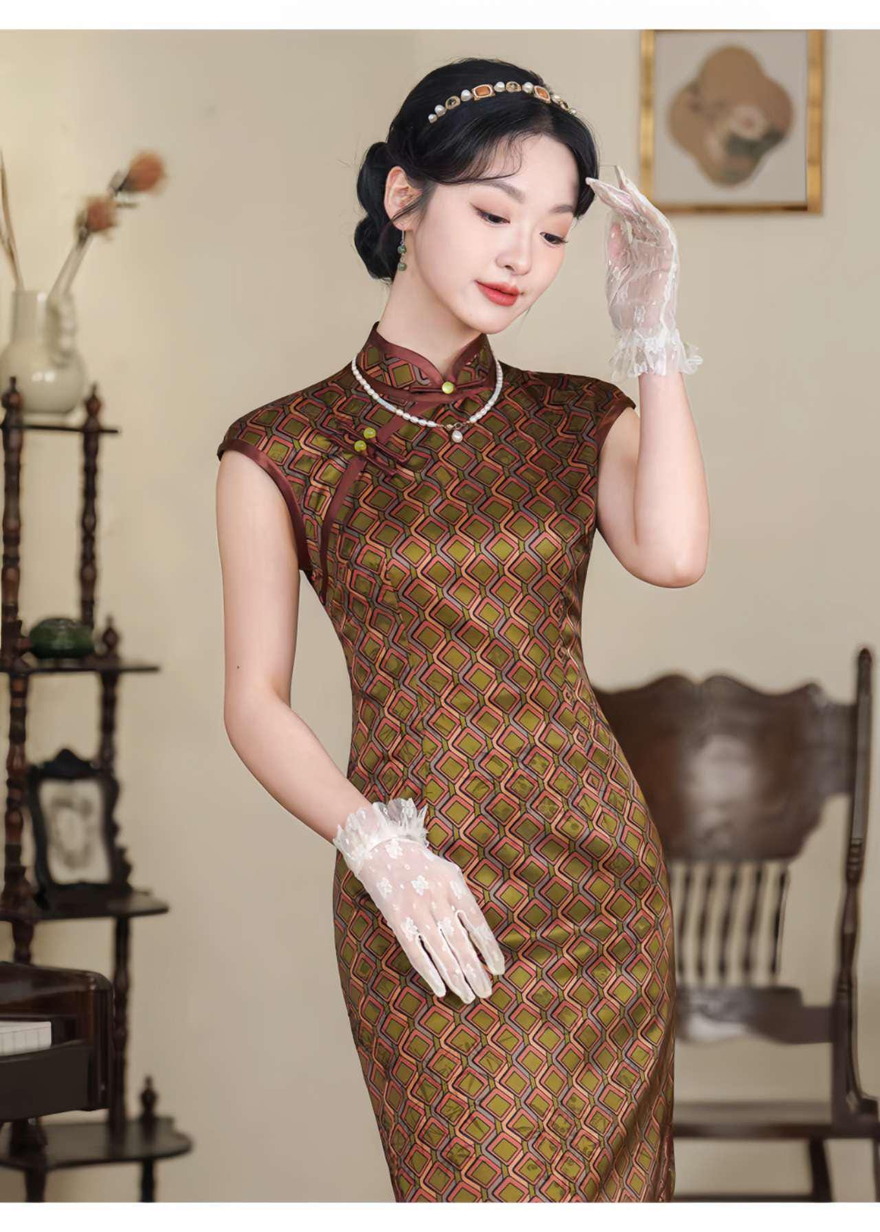 Qipao Jacquard Retro, Vestido Chino Vintage, Elegante Vestido Cheongsam, Vestido de Fiesta Oriental, Vestido de Noche, Ceremonia del Té