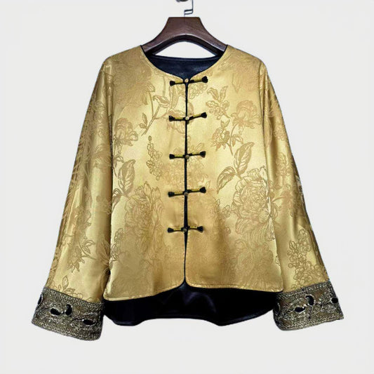 Chaqueta de oro Tang, Traje de chaqueta chino Tang, blusa con puños barrocos, Elegante Top, Abrigo inspirado en el Hanfu, regalo para ella