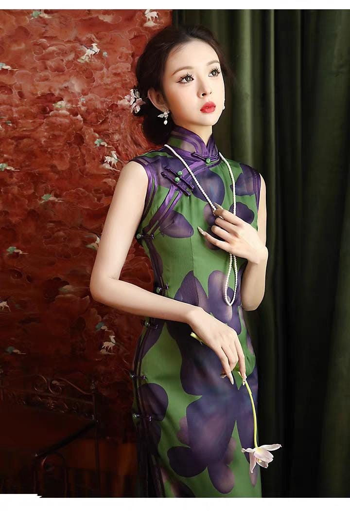 Vestido Qipao Mariposa, Vestido Cheongsam Verde, Vestido Estilo Asiático Vintage,  Qipao Primavera Verano, Vestido Vintage Elegante para Té
