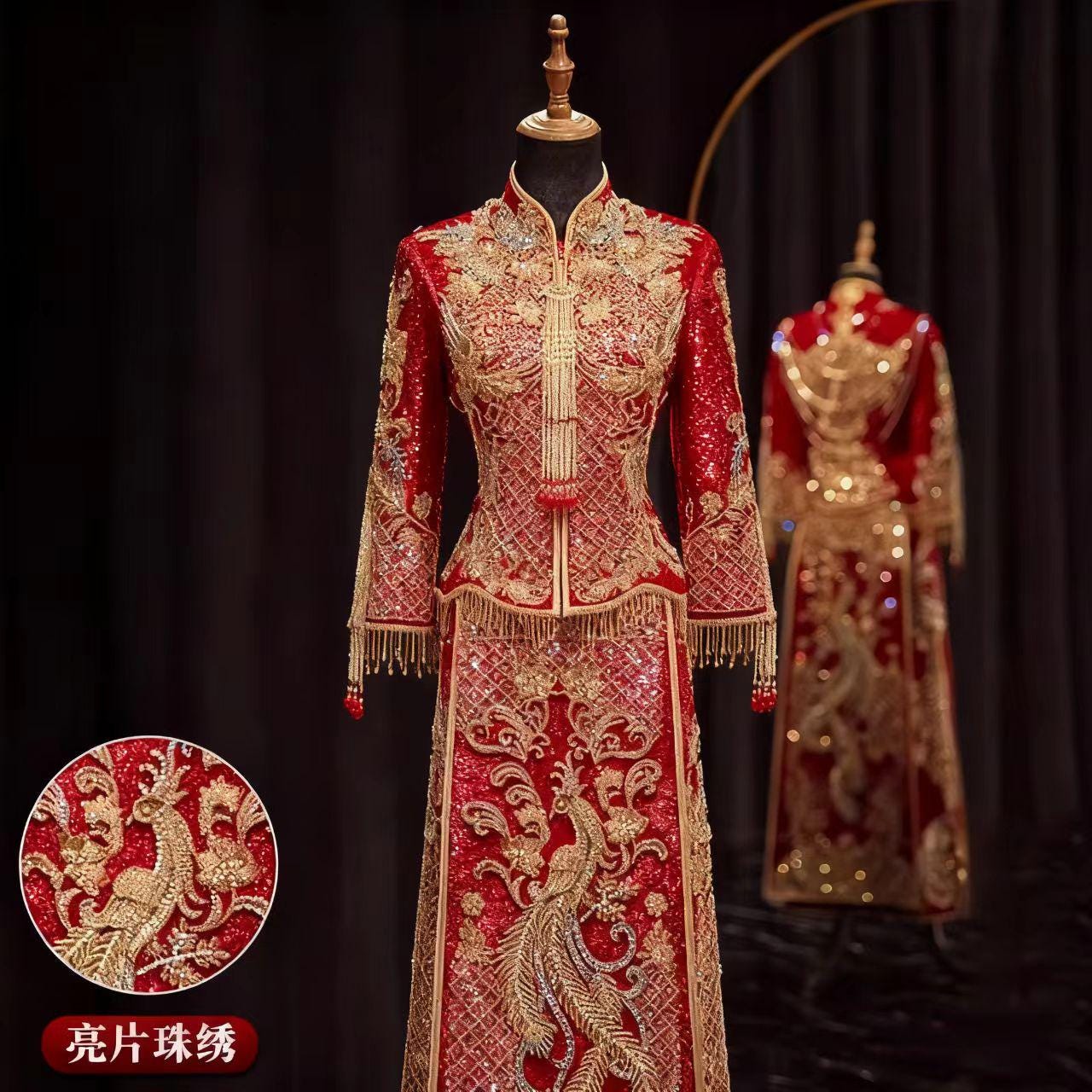 Red Gold Chinese Wedding Dress, Phoenix Sequins Embroidery Qun Kwa Gown, Luxury Oriental Bridal Outfit, Traditional Brocade Cheongsam, Gift
