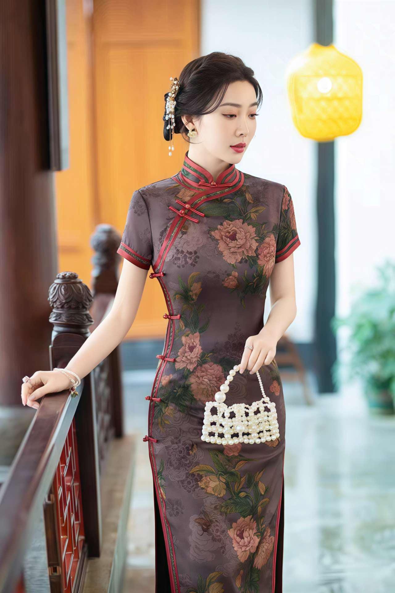 Vintage Floral Qipao, Green Brocade Cheongsam, Oriental Wedding Dress, Asian Retro Dress, Classic Qipao Dress, Tea Ceremony