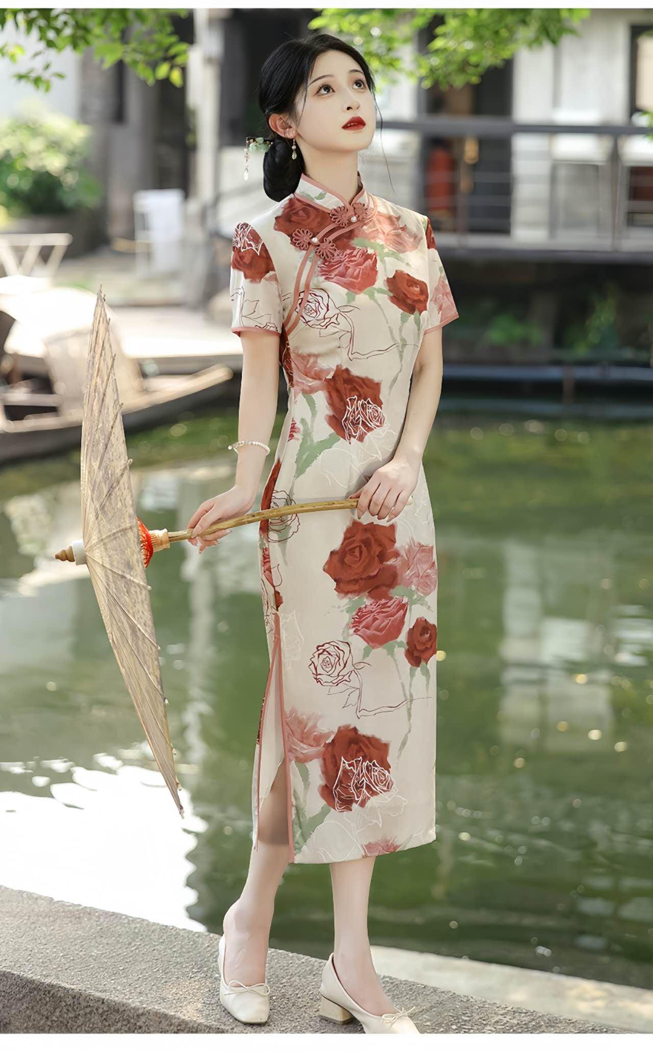 Qipao Estilo Francés, Cheongsam Rosa Floral,Vestido Romántico de Jardín, Qipao de Satén Brocado, Vestido Artístico Femenino,regalo para ella