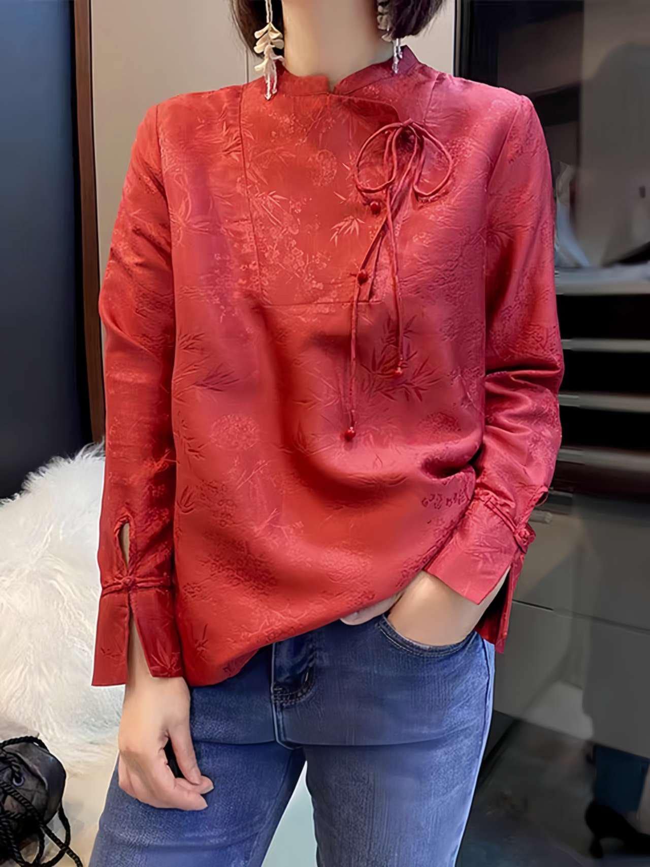 Top Chino Rojo, Camisa Vintage de Botones de Rana,Estilo Retro Tang Suit,Blusa Año Nuevo Lunar,Camisa Roja Tradicional, Ropa China de Fiesta