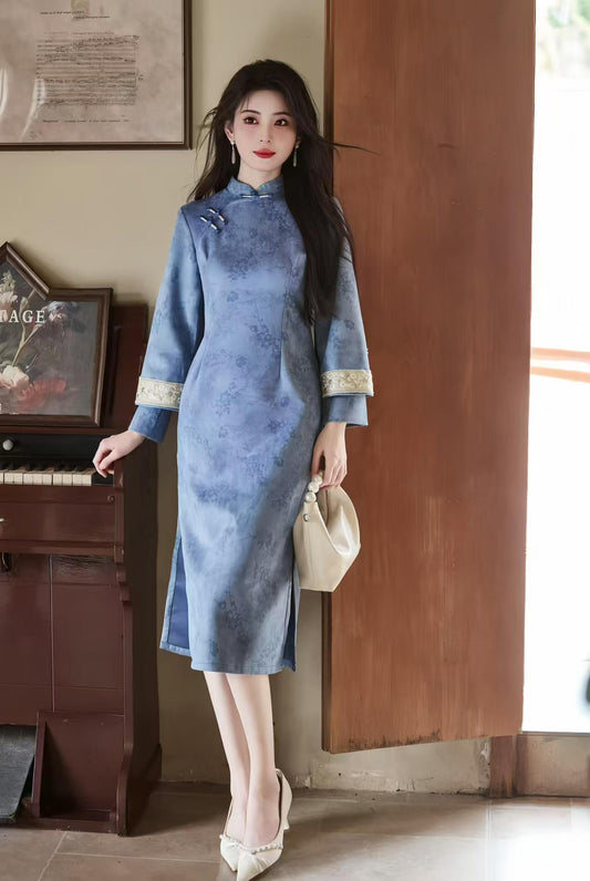 Printed Velvet Qipao, Two-Tone Cheongsam Dress, Elegant Oriental Midi Dress, Retro Chinese Autumn Dress, Pink Blue Party, Gift