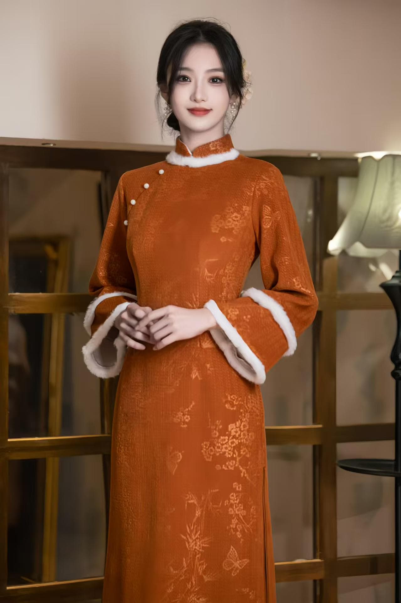 Floral Print Velvet Qipao, Warm Autumn Dress Long Sleeve, Pearl Frog Buttons, Orange Winter Cheongsam, Traditional Chinese, Gift