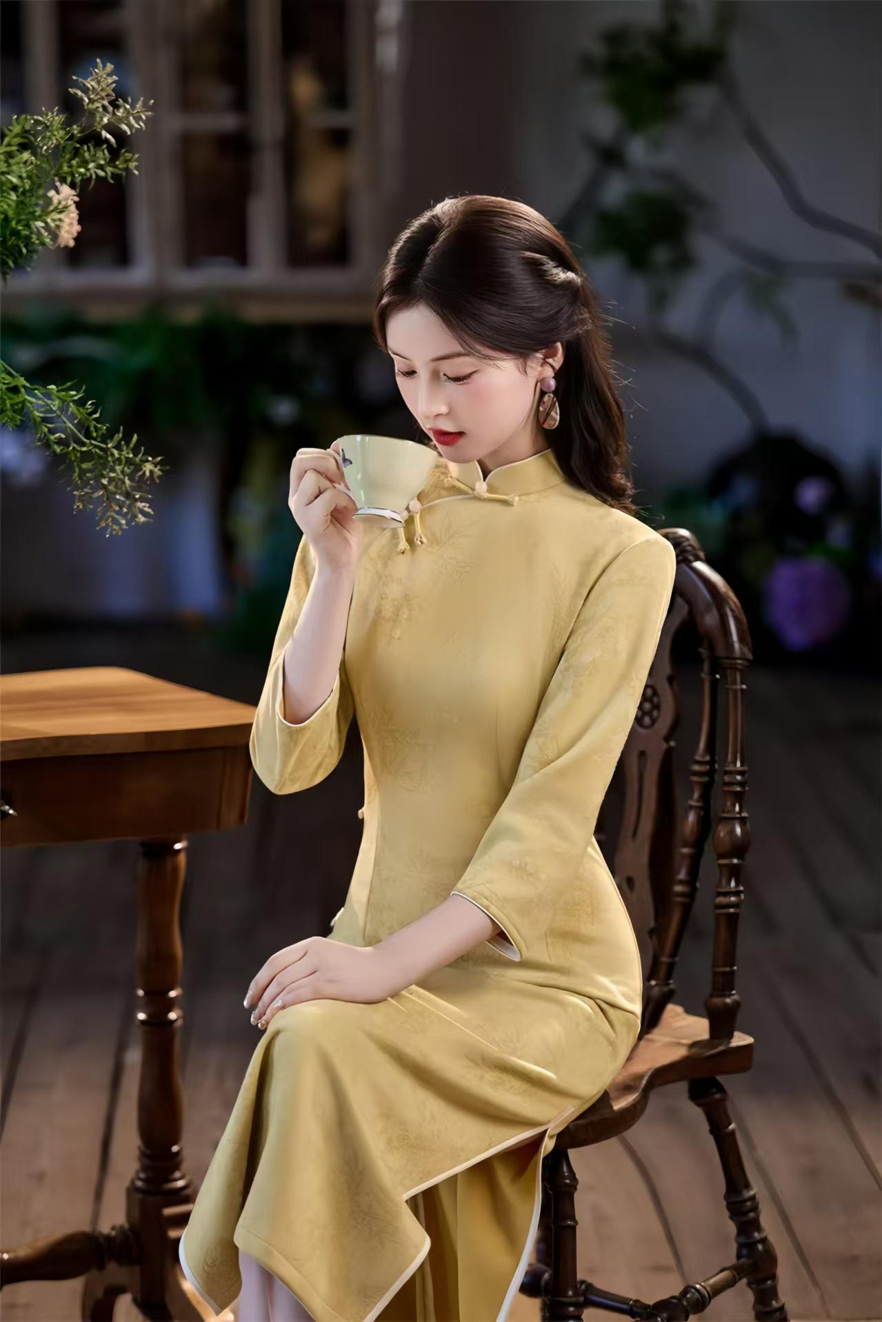 Long Cheongsam with Side Buttons, Faux Suede Velvet Qipao, Elegant Traditional Dress, Autumn Chinese Dress, Yellow