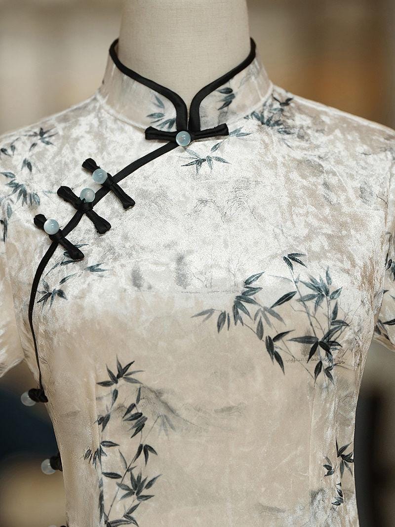 Vestido Qipao de Terciopelo con Bambú,Cheongsam Chino Elegante, Vestido Tradicional Oriental, Manga Corta, regalo para novia