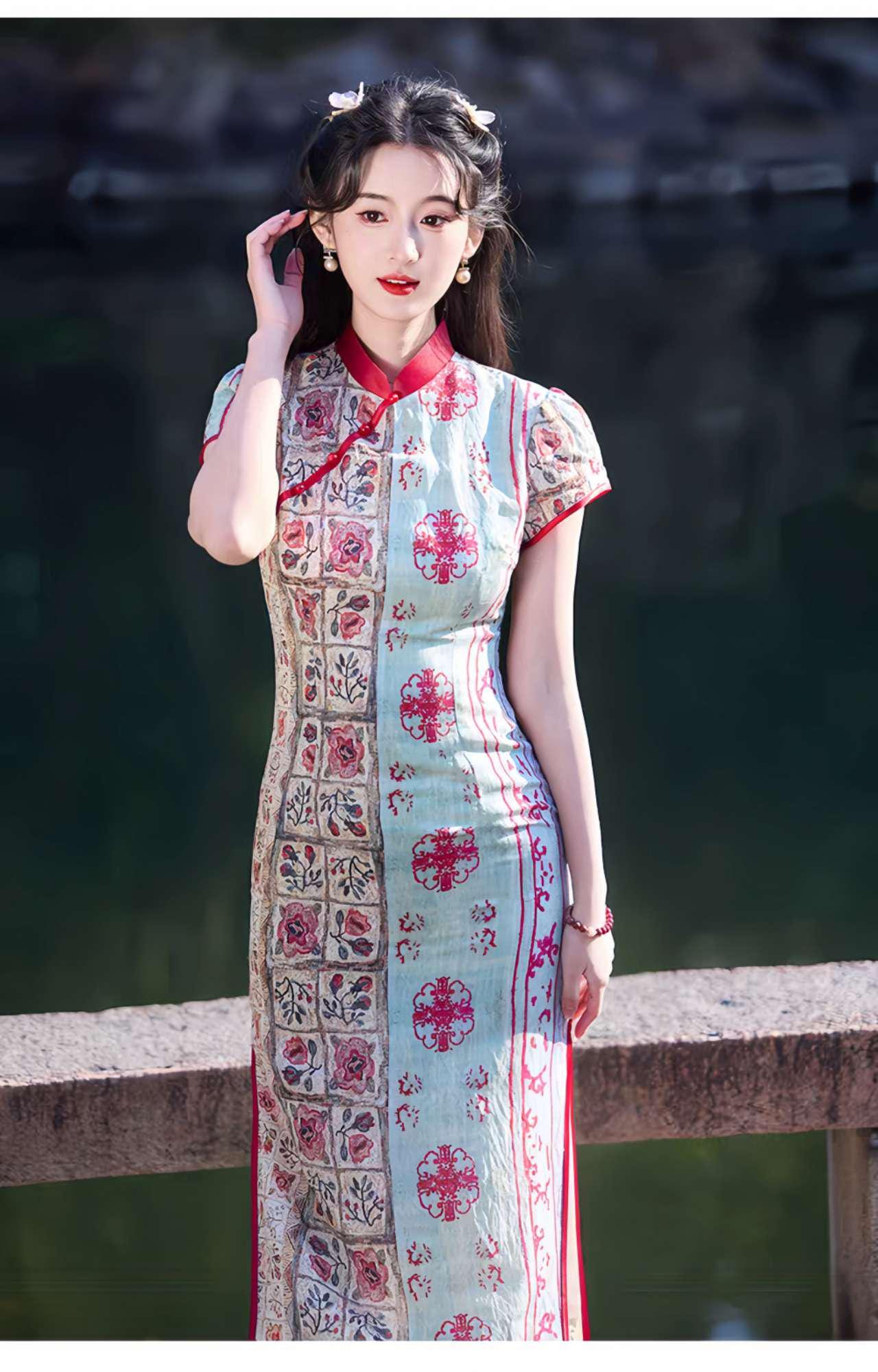 Patchwork Qipao Dress, Retro Cheongsam, Oriental Boho Dress, Vintage Style Qipao, Spring Summer Tea Dress, Gift for Her
