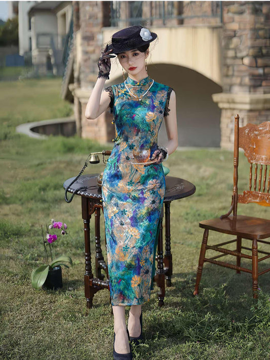 Vestido Qipao Chino Vintage, Cheongsam Largo Elegante, Ropa Tradicional Oriental, Vestido Asiático Hecho a Mano,Moda Retro, Vestido para Té
