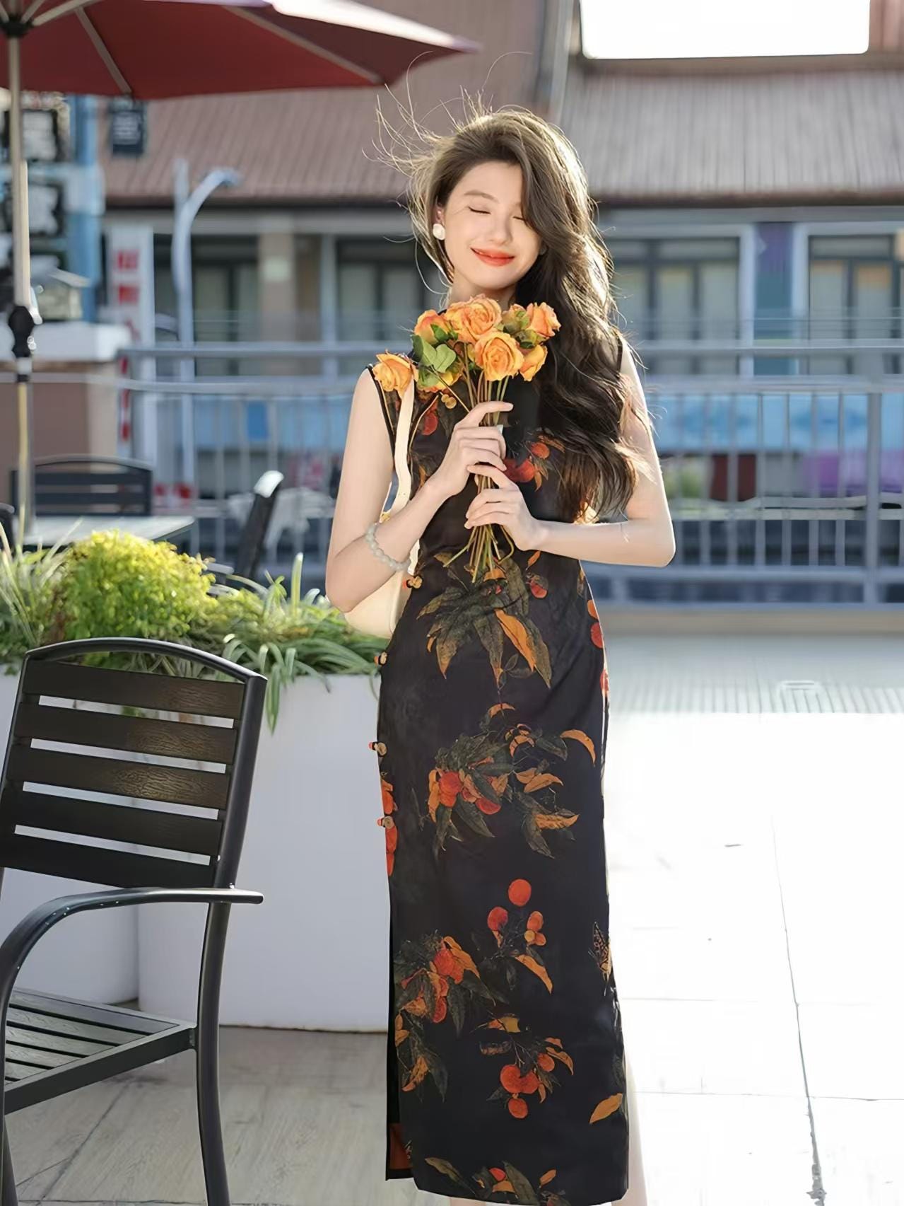 Sleeveless Cheongsam Qipao, Handmade Pumpkin Button Dress, Black Floral Fruit Print Dress, Vintage Chinese Party
