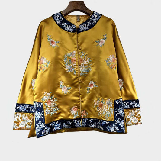 Chaqueta Bordada Dorada, Traje Chaqueta China Tang, Blusa Oriental Vintage, Elegante Top Chino, Abrigo Amarillo, Ropa de Fiesta Oriental