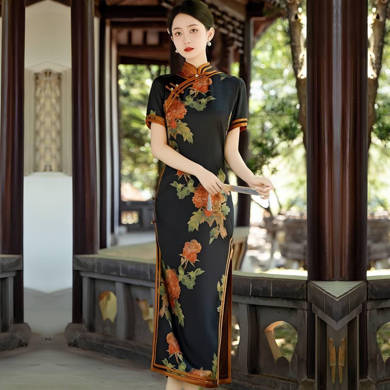 Qipao floral de satén negro, Cheongsam de Estilo Clásico, Vestido de Verano, Vestido Oriental Floral, Vestido de Invitada de Boda Asiática