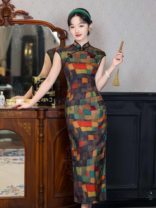 Vestido Qipao Color Block, Cheongsam Vintage Patchwork, Qipao Floral Jacquard, Vestido Estilo Asiático Moderno, Qipao Chino Multicolor
