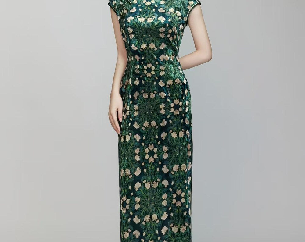 Velvet Qipao Dress, Green Cheongsam Gown