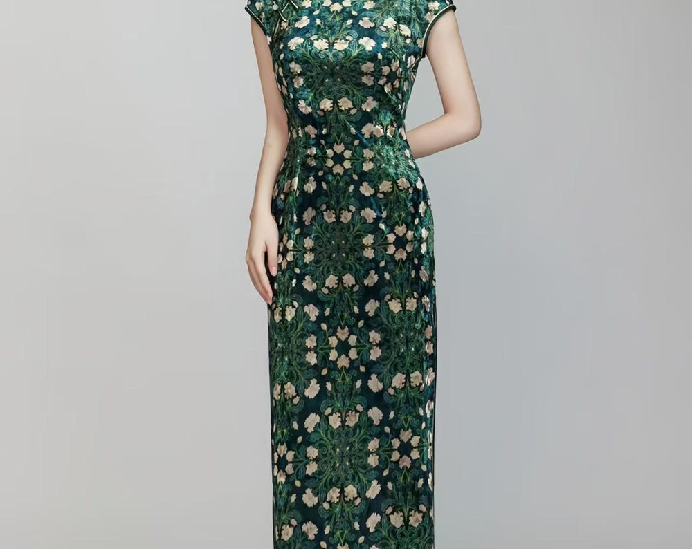 Velvet Qipao Dress, Green Cheongsam Gown
