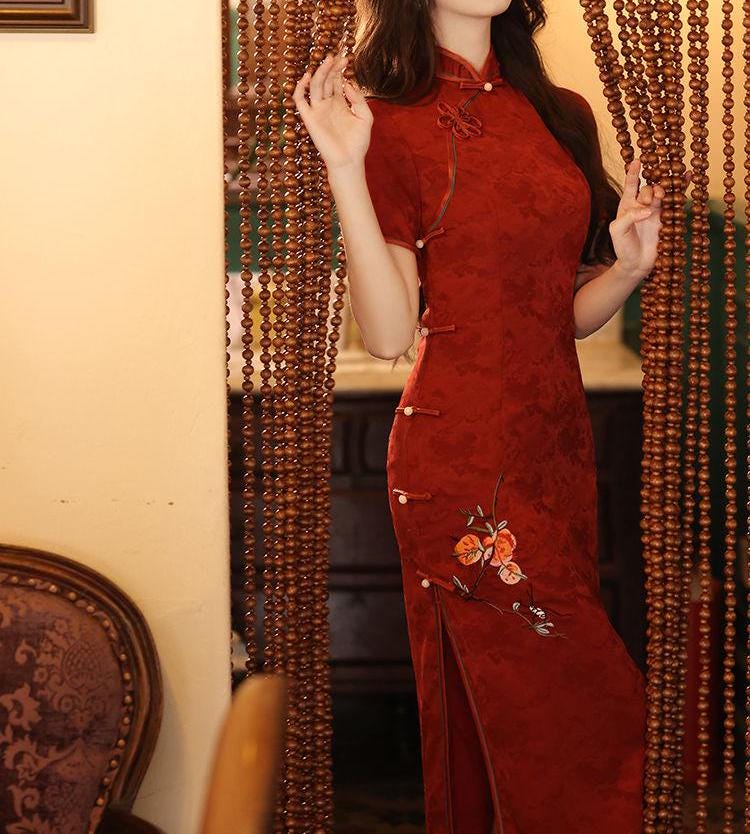 Women's Red Floral Qipao Cheongsam Dress – Embroidered – additional product view