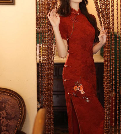 Women's Red Floral Qipao Cheongsam Dress – Embroidered – additional product view