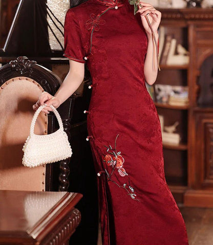 Women's Red Floral Qipao Cheongsam Dress – Embroidered – additional product view