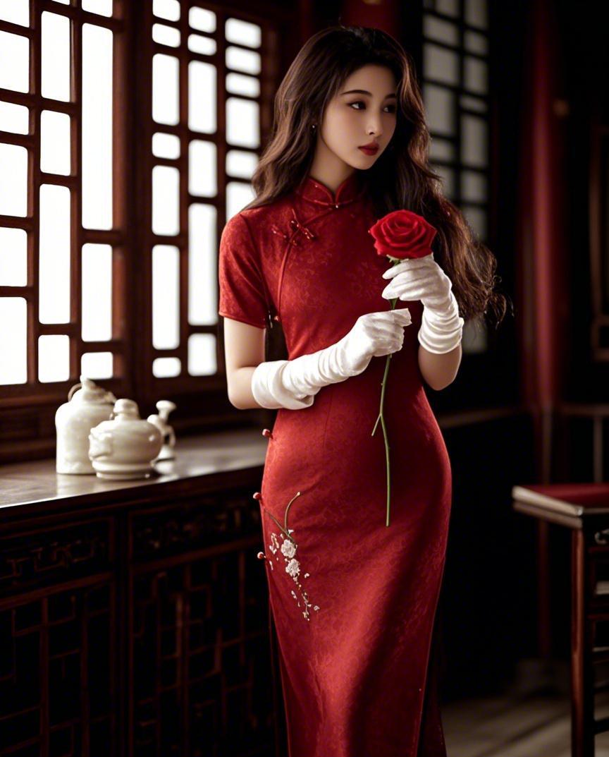 Women's Red Floral Qipao Cheongsam Dress – Embroidered – additional product view