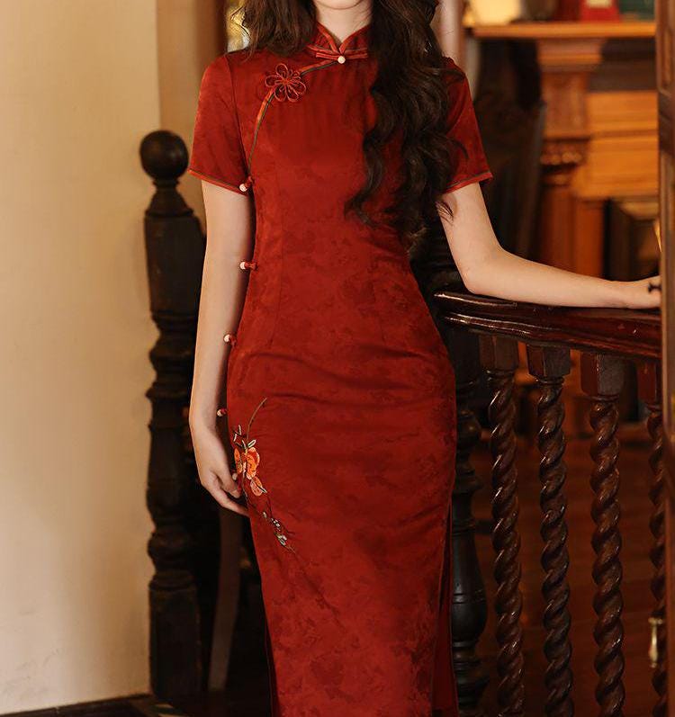 Women's Red Floral Qipao Cheongsam Dress – Embroidered – additional product view