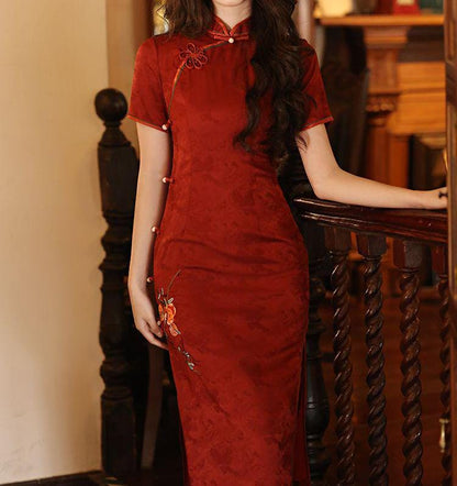 Women's Red Floral Qipao Cheongsam Dress – Embroidered – additional product view
