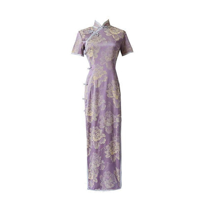 Women's Purple Floral Qipao Cheongsam Dress – Jacquard – additional product view