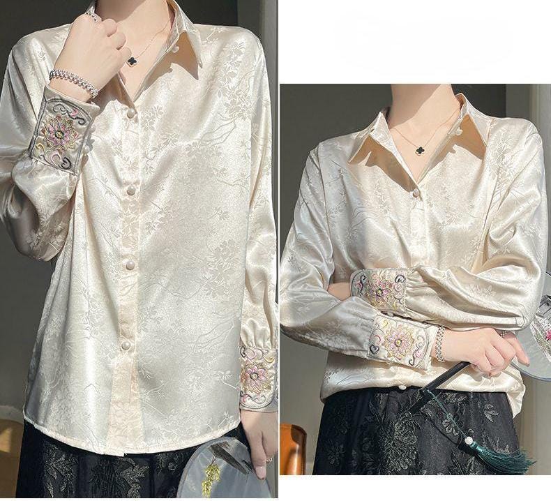 Women's Embroidered Cuff Satin Chinese Blouse – additional product view