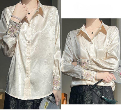 Women's Embroidered Cuff Satin Chinese Blouse – additional product view