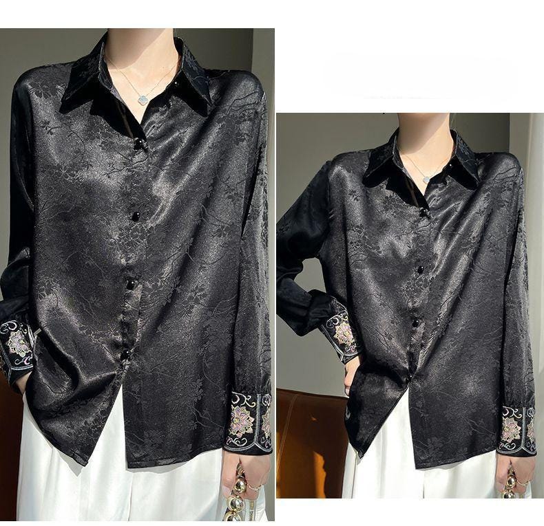 Women's Embroidered Cuff Satin Chinese Blouse – additional product view