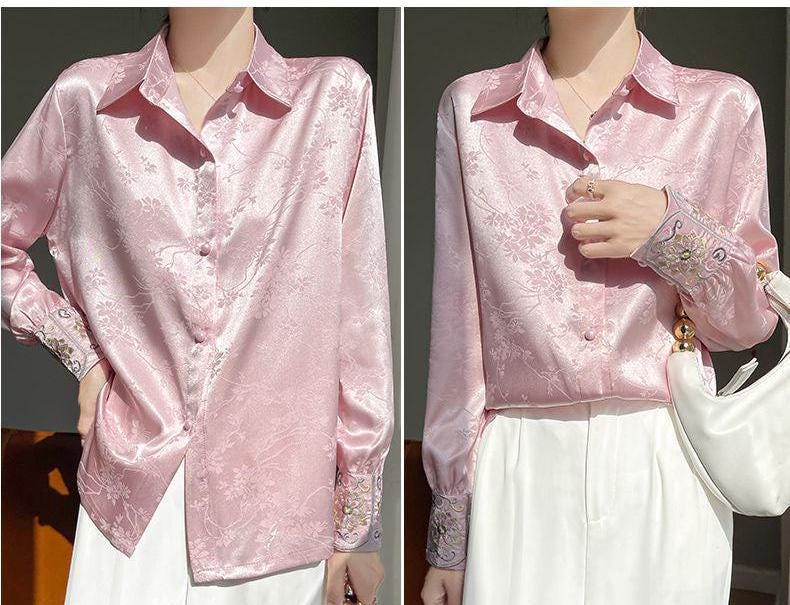 Women's Embroidered Cuff Satin Chinese Blouse – additional product view