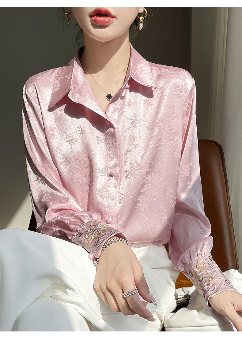 Women's Embroidered Cuff Satin Chinese Blouse – additional product view