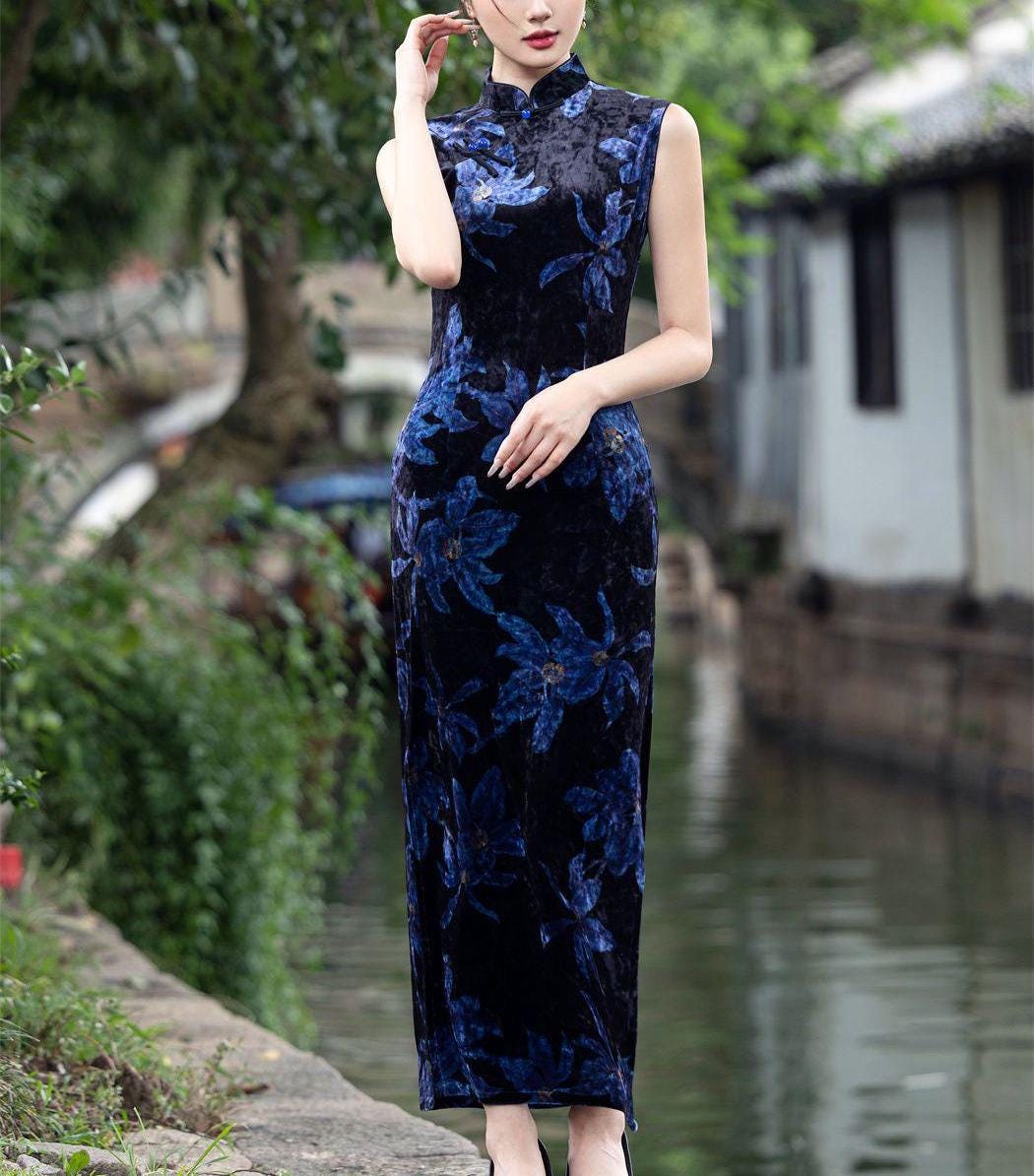 Women's Floral Qipao Cheongsam Dress – Velvet Sleeveless – additional product view