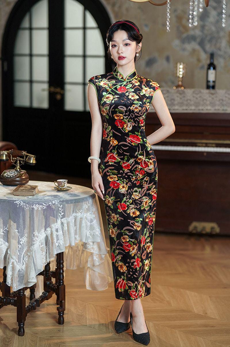Women's Floral Velvet Qipao Cheongsam Dress – additional product view