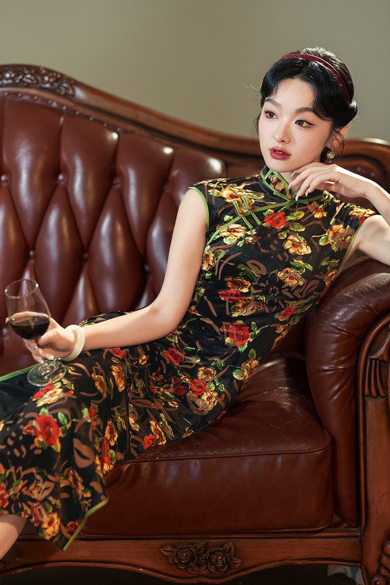Women's Floral Velvet Qipao Cheongsam Dress – additional product view