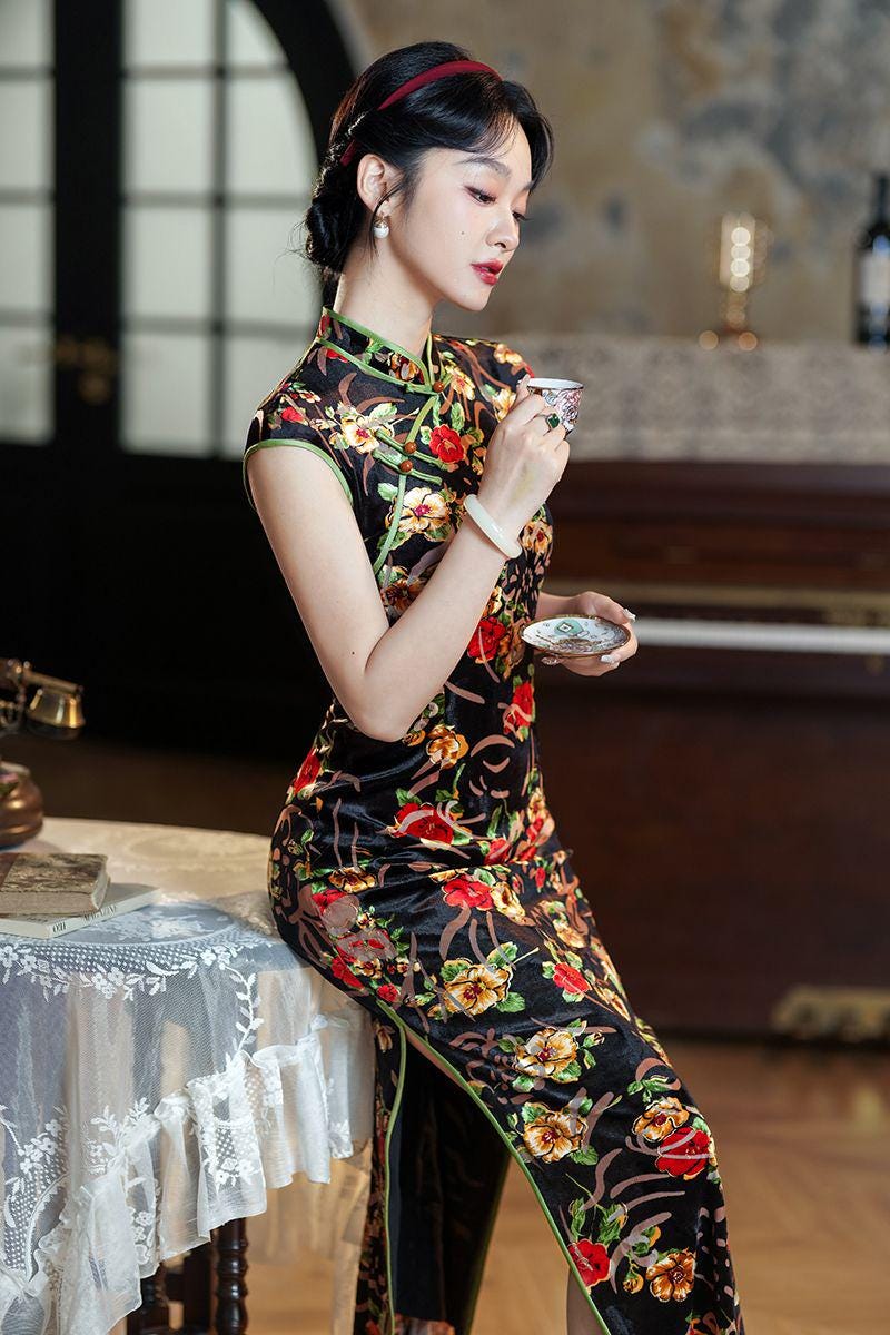 Women's Floral Velvet Qipao Cheongsam Dress – additional product view