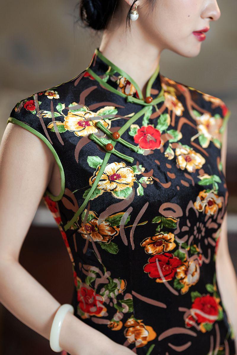 Women's Floral Velvet Qipao Cheongsam Dress – additional product view