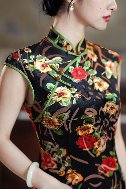 Women's Floral Velvet Qipao Cheongsam Dress – additional product view