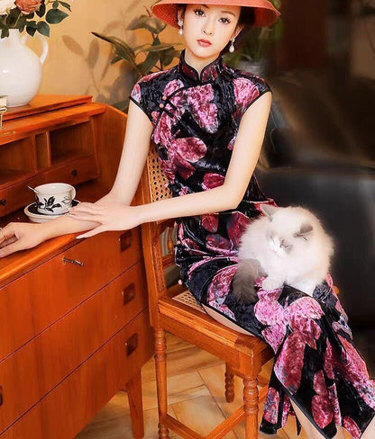 Women's Green Elegant Velvet Qipao Cheongsam Dress – additional product view
