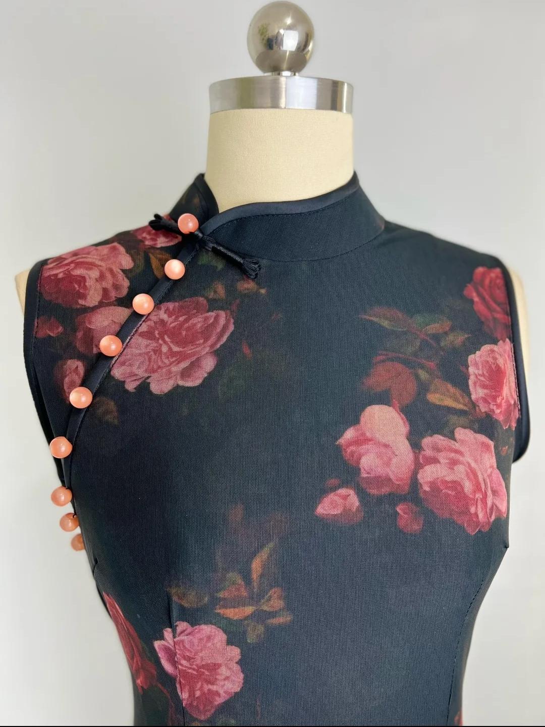 Rose Pink Sleeveless Mesh Qipao Dress – additional product view