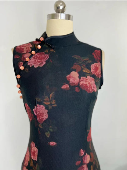 Rose Pink Sleeveless Mesh Qipao Dress – additional product view